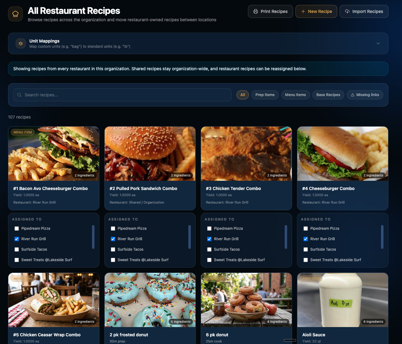 Recipe library across four venues